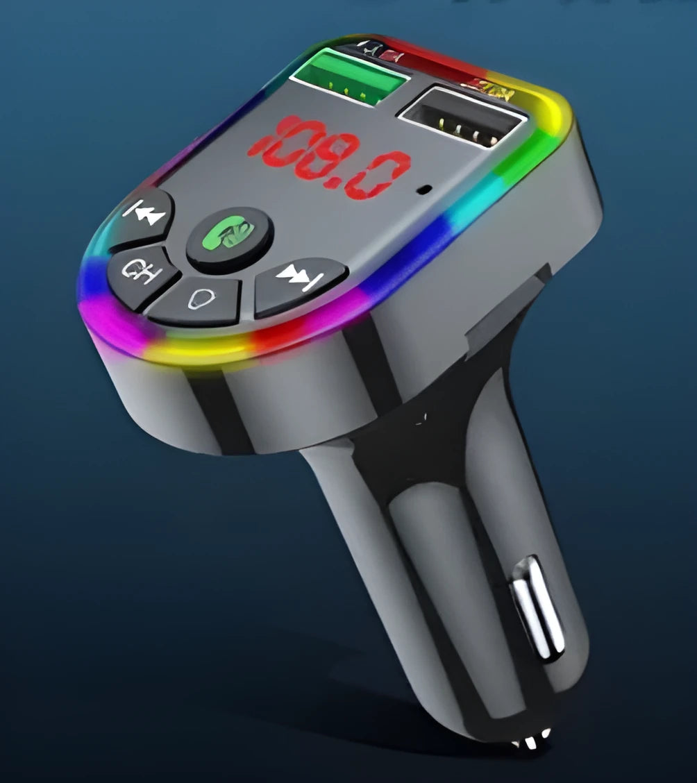 Car Bluetooth MP3 player FM transmitter with dual USB ports, LED display, and colourful atmosphere light in ABS body