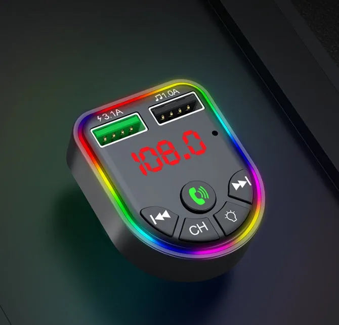 Car Bluetooth MP3 player FM transmitter with dual USB ports, LED display, and colourful atmosphere light in ABS body