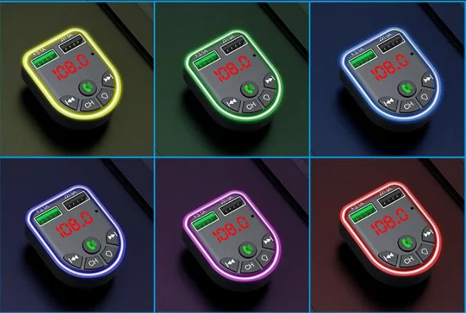 Car Bluetooth MP3 player FM transmitter with dual USB ports, LED display, and colourful atmosphere light in ABS body