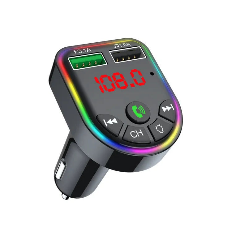 Car Bluetooth MP3 player FM transmitter with dual USB ports, LED display, and colourful atmosphere light in ABS body