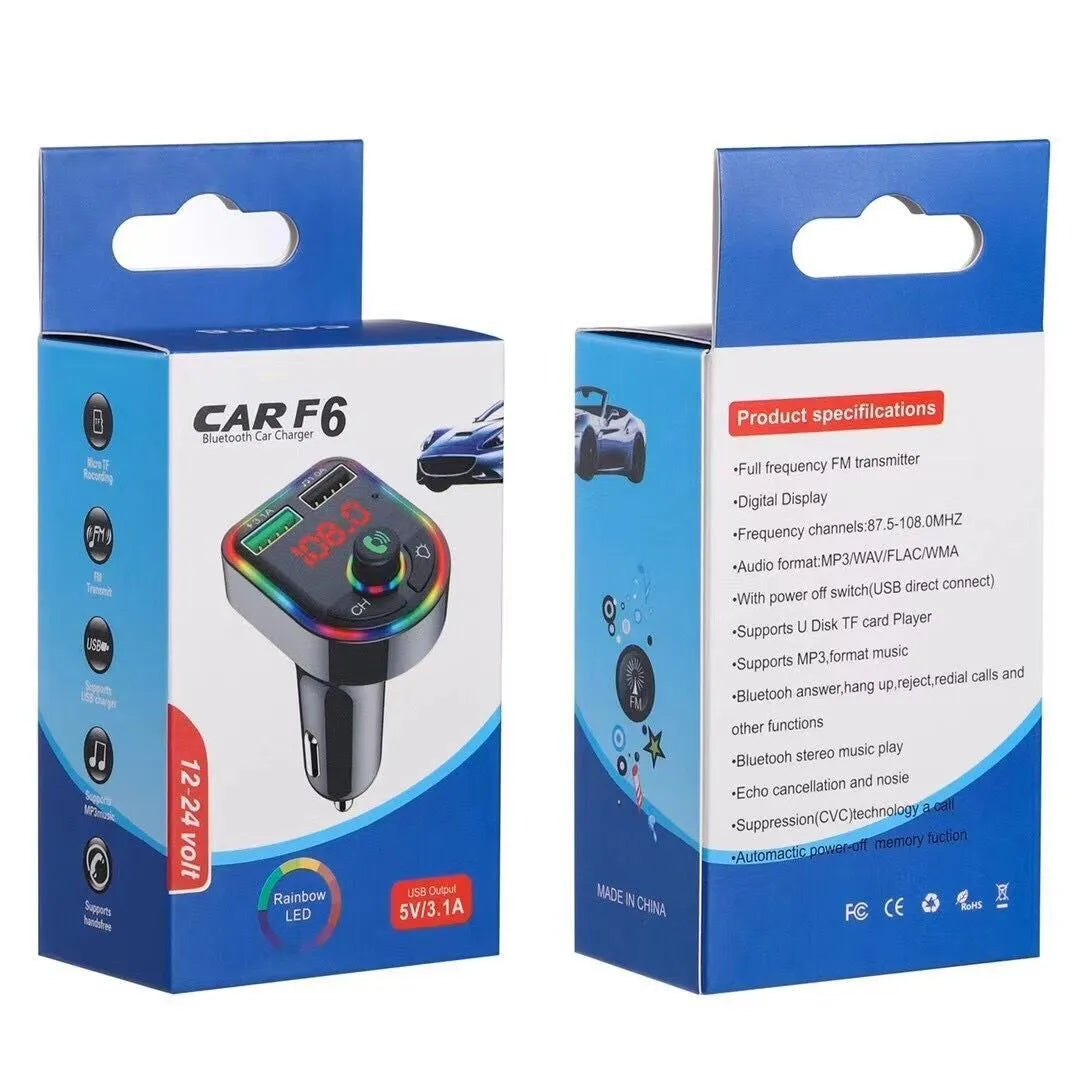 Car Bluetooth MP3 player FM transmitter with dual USB ports, LED display, and colourful atmosphere light in ABS body