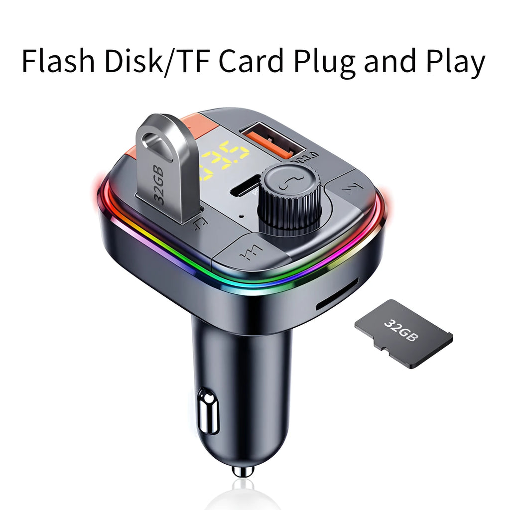 Black car MP3 player with Bluetooth, dual USB fast charger, and colourful breathing lights for 12-24V vehicles