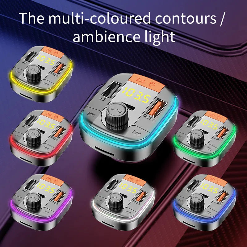 Black car MP3 player with Bluetooth, dual USB fast charger, and colourful breathing lights for 12-24V vehicles