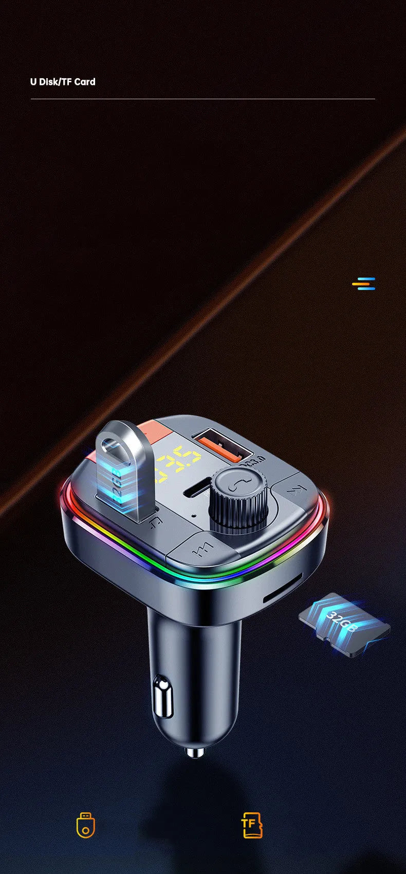 Black car MP3 player with Bluetooth, dual USB fast charger, and colourful breathing lights for 12-24V vehicles