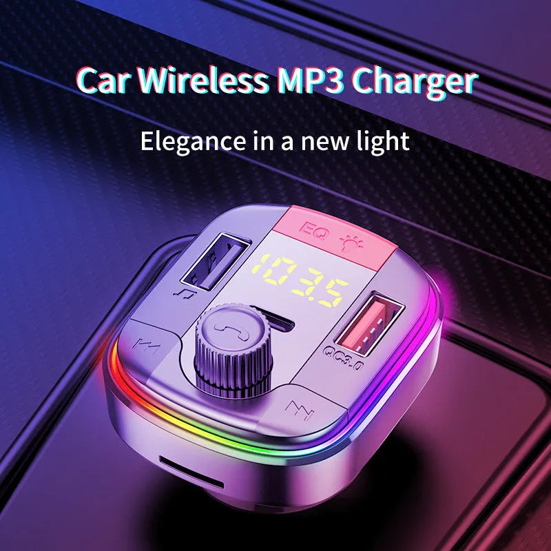 Black car MP3 player with Bluetooth, dual USB fast charger, and colourful breathing lights for 12-24V vehicles