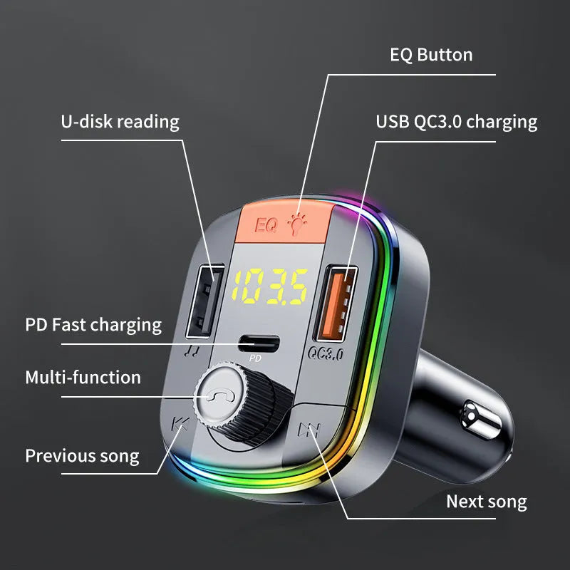 Black car MP3 player with Bluetooth, dual USB fast charger, and colourful breathing lights for 12-24V vehicles