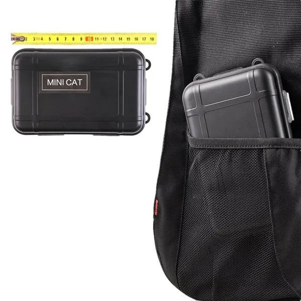 Black stainless steel 13-piece outdoor survival tool set open in its shockproof storage case.