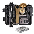 Black stainless steel 13-piece outdoor survival tool set open in its shockproof storage case.