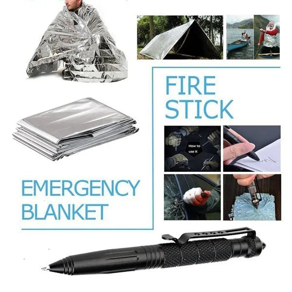 Black stainless steel 13-piece outdoor survival tool set open in its shockproof storage case.