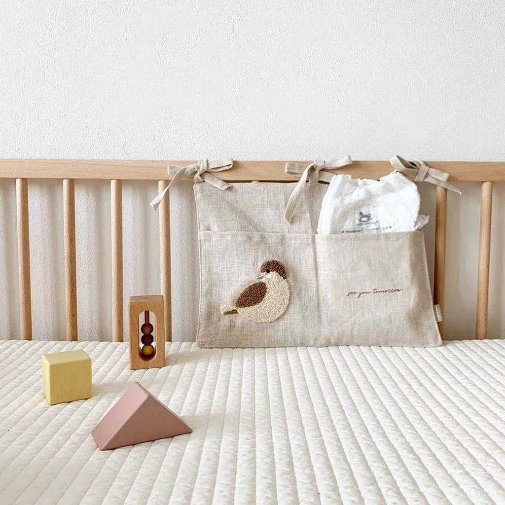 Khaki cotton-linen bedside hanging storage bag with single pocket for bedroom organisation