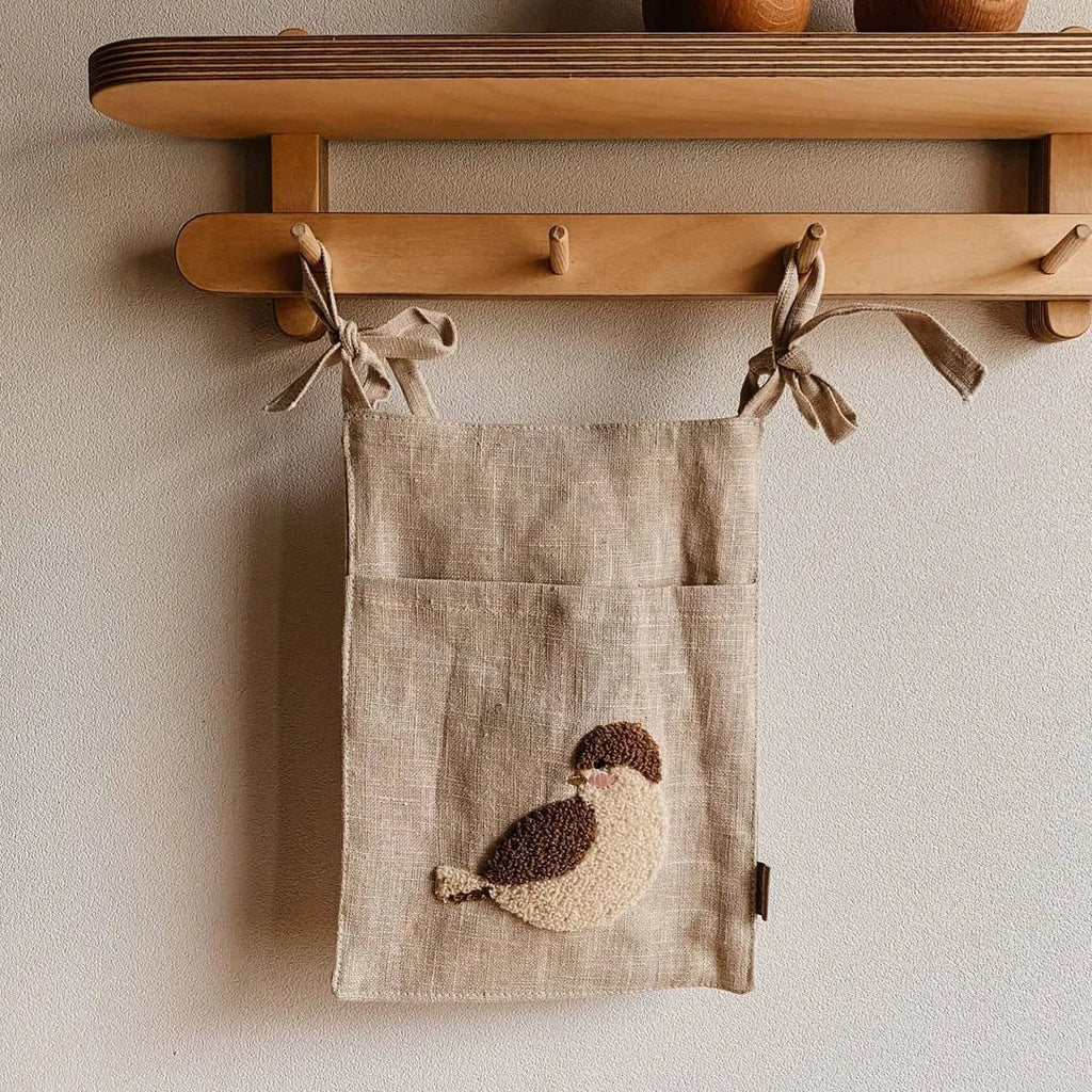 Khaki cotton-linen bedside hanging storage bag with single pocket for bedroom organisation