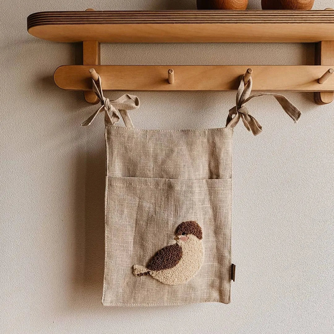 Khaki cotton-linen bedside hanging storage bag with single pocket for bedroom organisation