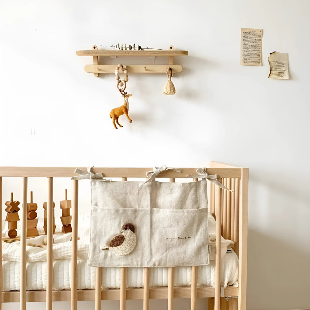 Khaki cotton-linen bedside hanging storage bag with single pocket for bedroom organisation