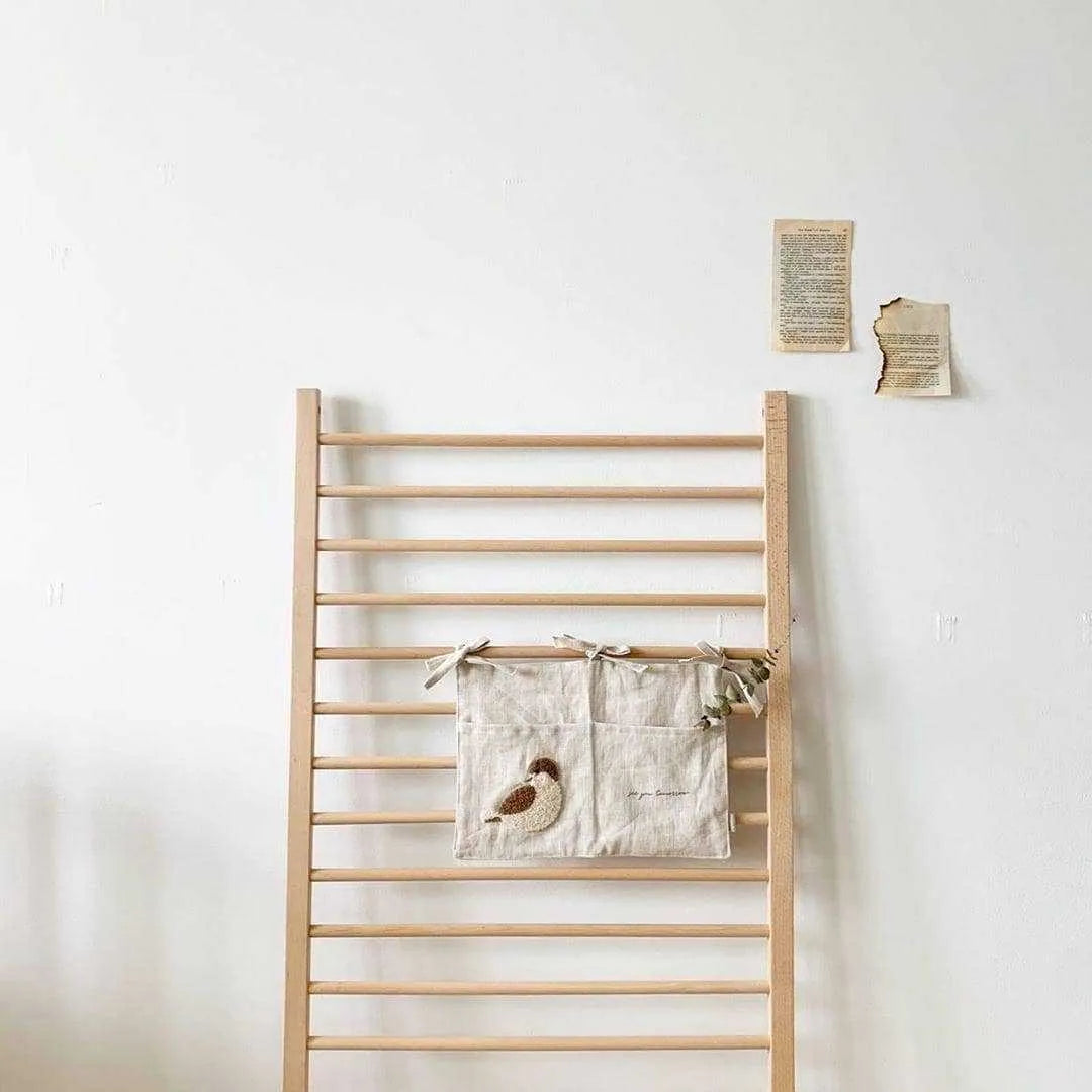 Khaki cotton-linen bedside hanging storage bag with single pocket for bedroom organisation