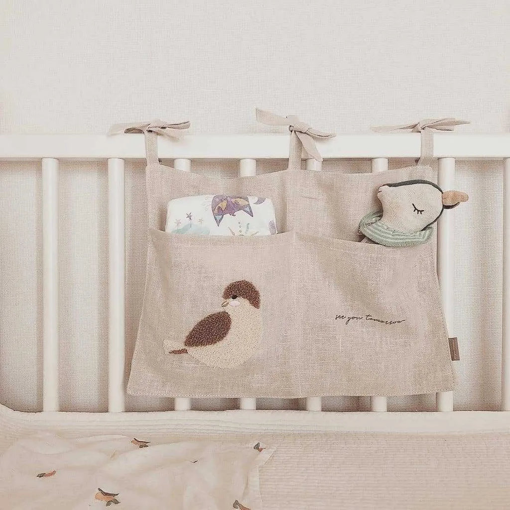 Khaki cotton-linen bedside hanging storage bag with single pocket for bedroom organisation
