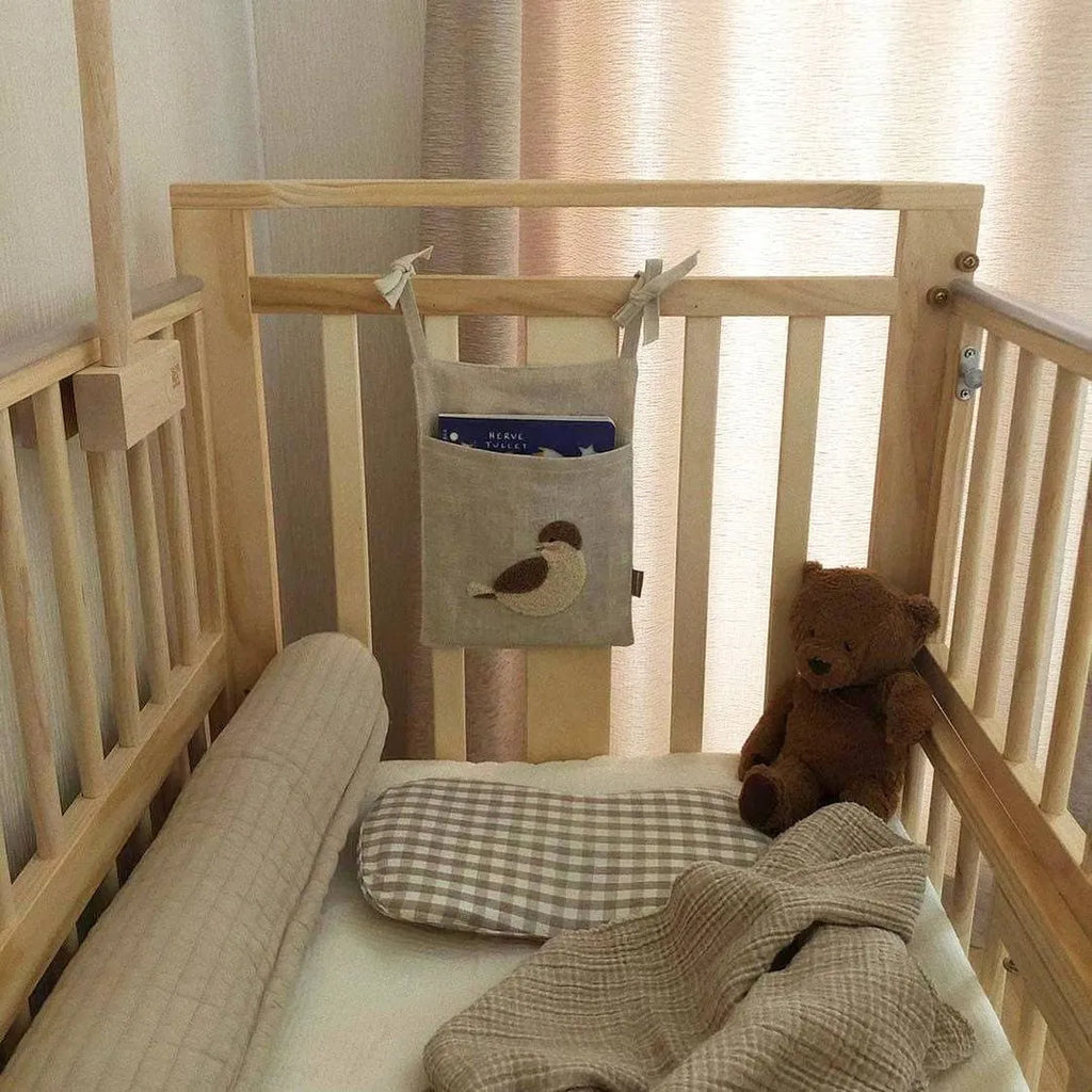 Khaki cotton-linen bedside hanging storage bag with single pocket for bedroom organisation
