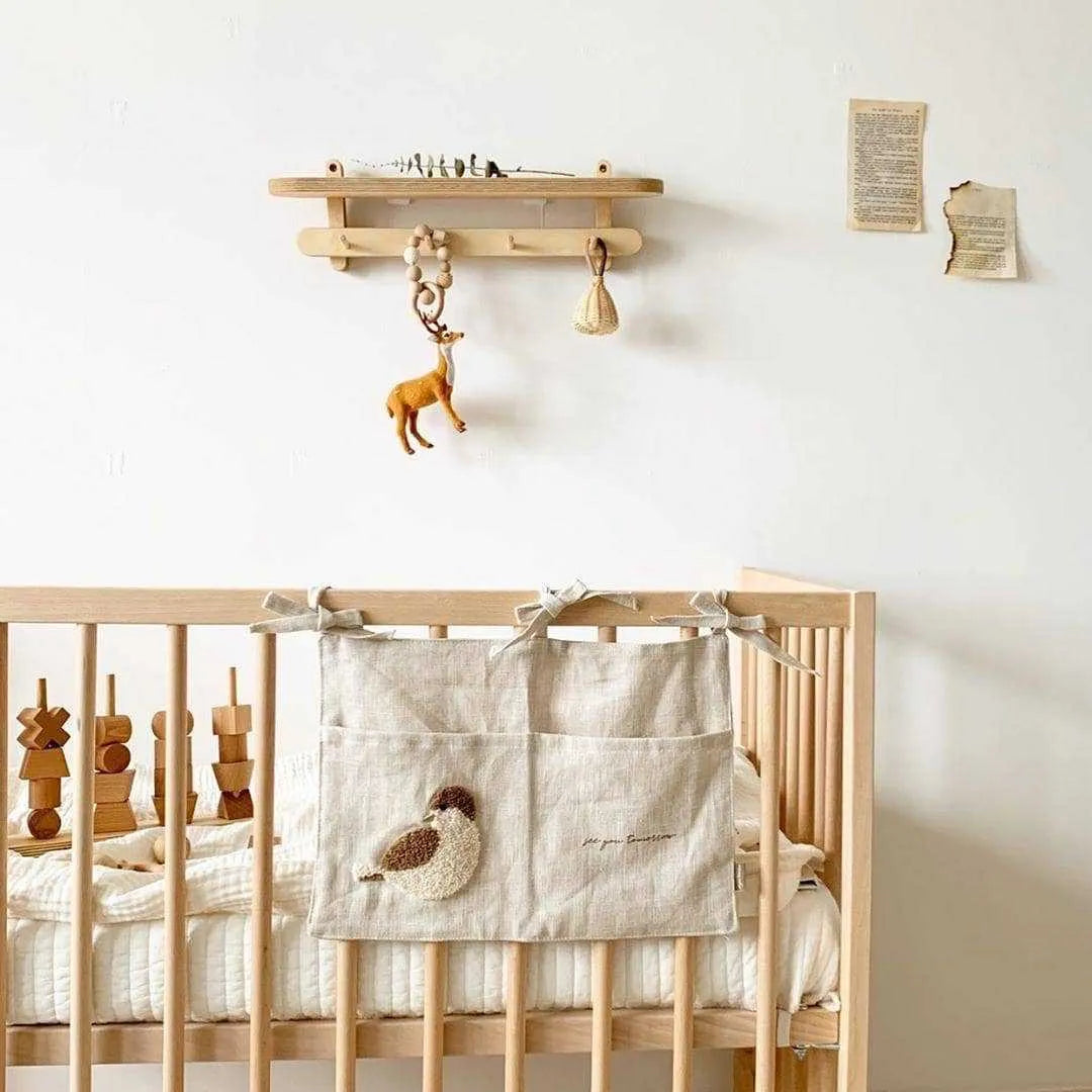 Khaki cotton-linen bedside hanging storage bag with single pocket for bedroom organisation