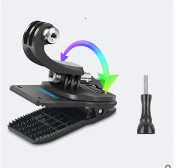 GoPro backpack clip with 360-degree rotation mechanism and adjustable clamp for action cameras