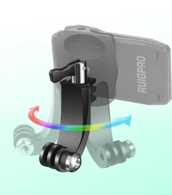 GoPro backpack clip showing 360-degree rotation mechanism attached to backpack strap