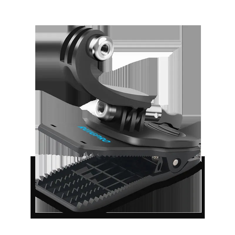 GoPro backpack clip with aluminium alloy clamp showing 360-degree rotation mechanism