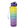 Blue Tritan water bottle with time markers, flip-top lid, and wrist strap on a gym bag