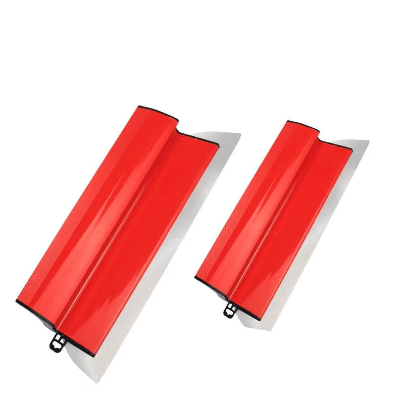 Red leveling scraper with 40cm blade for wall preparation tasks like putty removal