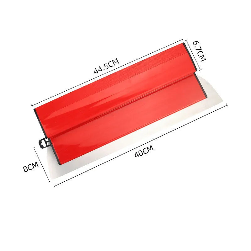 Red leveling scraper with 40cm blade for wall preparation tasks like putty removal