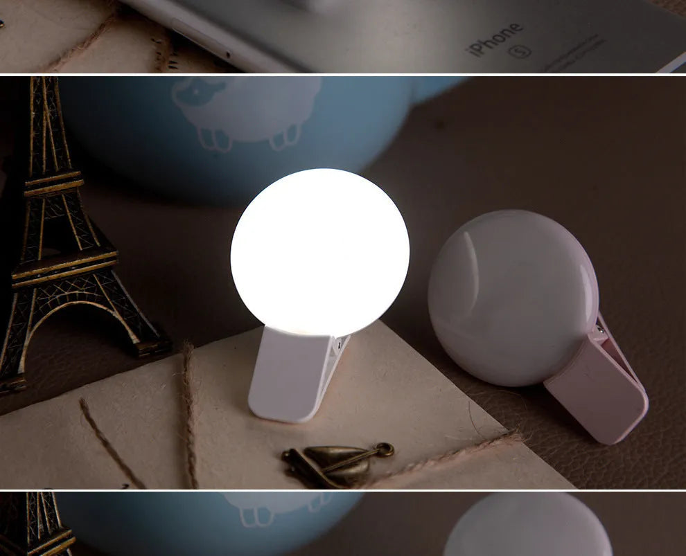 Round makeup selfie fill light with mobile phone mount in black, pink, or white colour