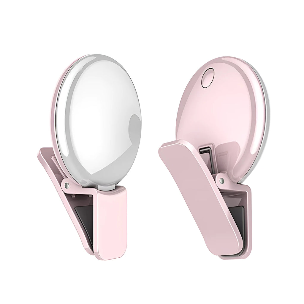 Round makeup selfie fill light with mobile phone mount in black, pink, or white colour