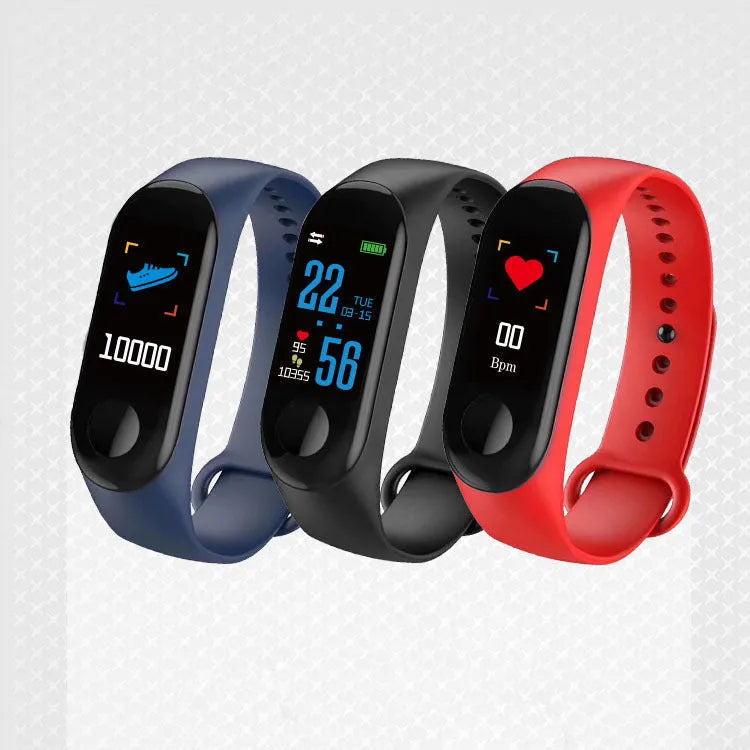 M3 Smart Bracelet with 0.96-inch colour screen on wrist, showing heart rate display, black TPE strap