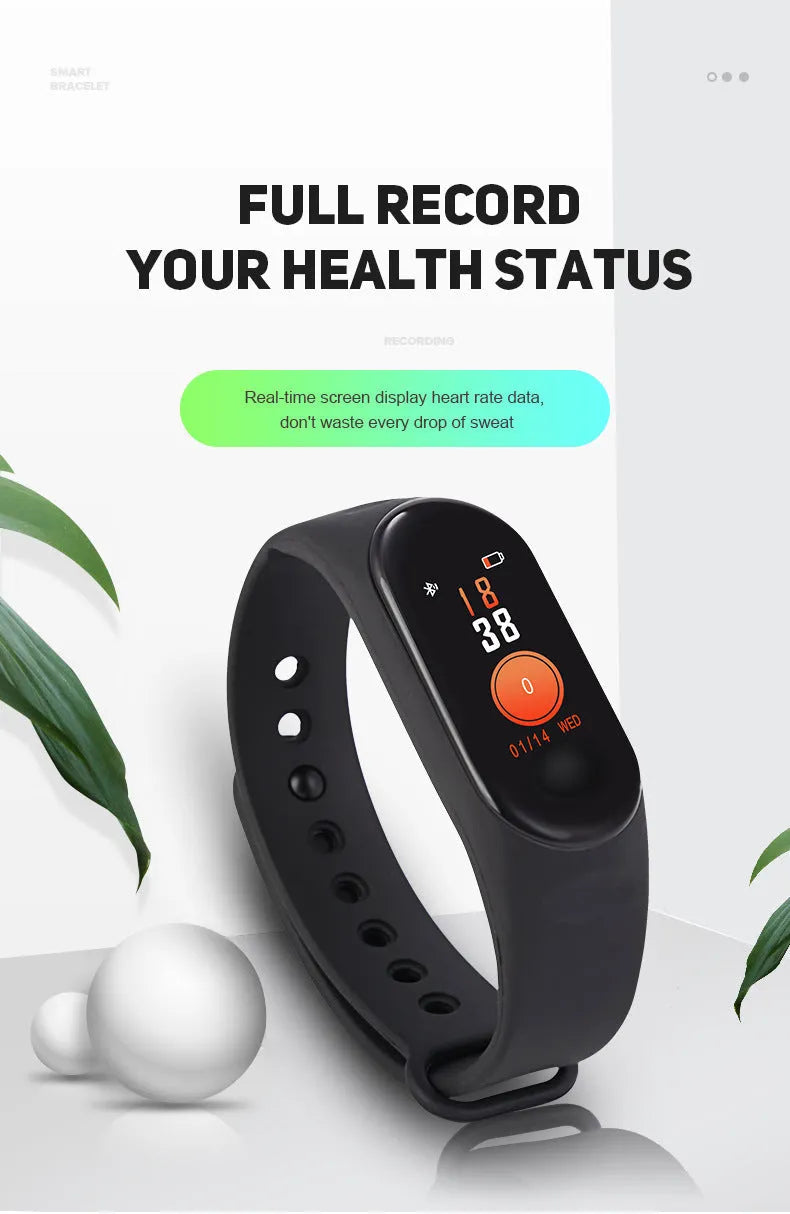 M3 Smart Bracelet with 0.96-inch colour screen on wrist, showing heart rate display, black TPE strap