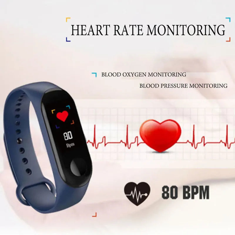 M3 Smart Bracelet with 0.96-inch colour screen on wrist, showing heart rate display, black TPE strap