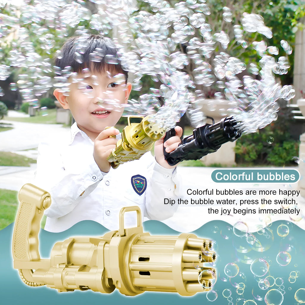Children's bubble gun toy in pink, gold, or black with battery compartment and removable bubble head.