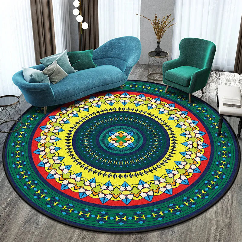Round national style polyester floor mat in traditional pattern with diameter size options from 40cm to 120cm