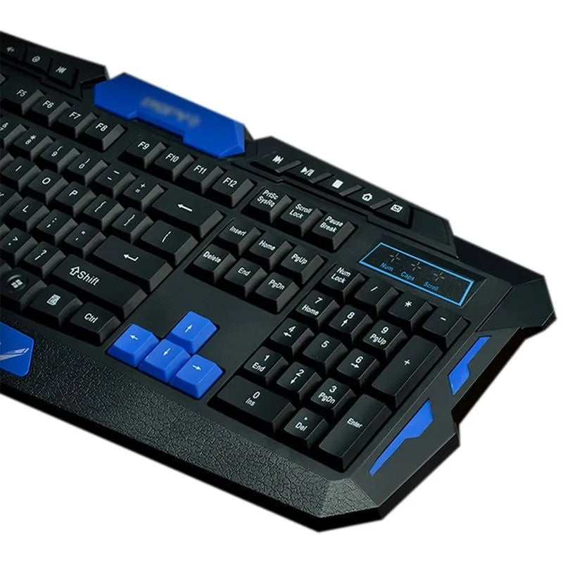 Black and blue wireless keyboard and mouse set with ergonomic design showing dimensions