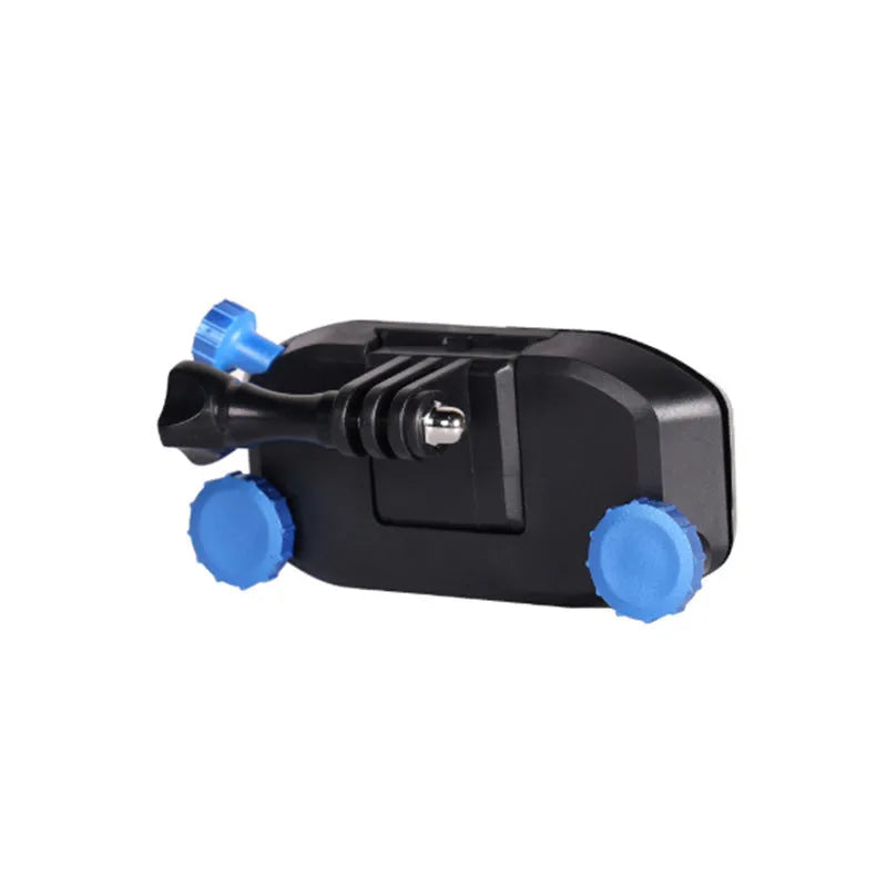 Blue plastic quick-hanging backpack clip for mounting a sports camera to a strap.