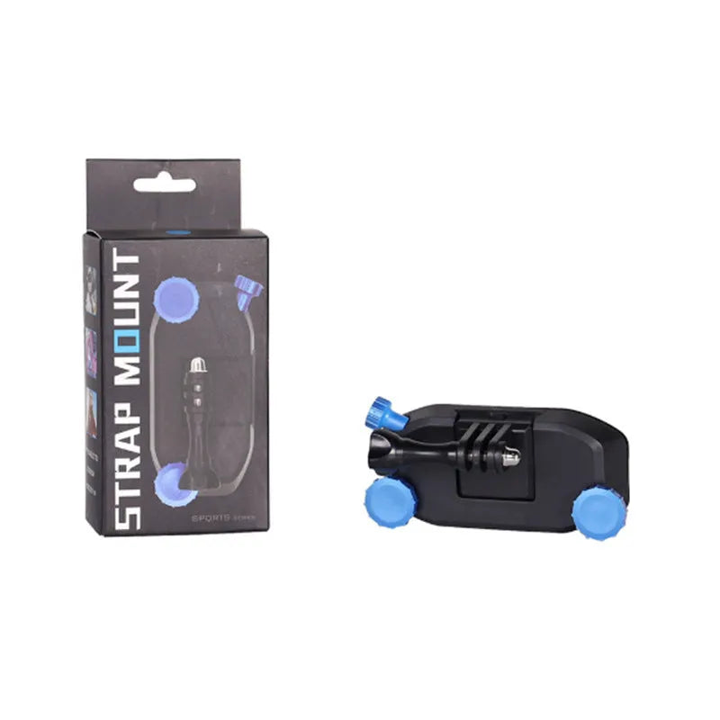 Blue plastic quick-hanging backpack clip for mounting a sports camera to a strap.