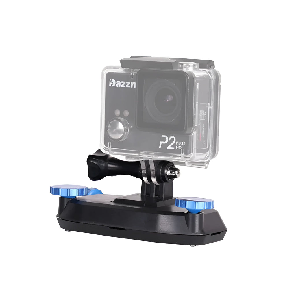 Blue plastic quick-hanging backpack clip for mounting a sports camera to a strap.