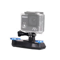Blue plastic quick-hanging backpack clip for mounting a sports camera to a strap.