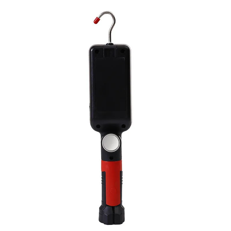 Portable COB LED work light with magnet hook, showing 700 lumens brightness and USB charging port for camping and maintenance tasks.
