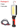 Portable COB LED work light with magnet hook, showing 700 lumens brightness and USB charging port for camping and maintenance tasks.