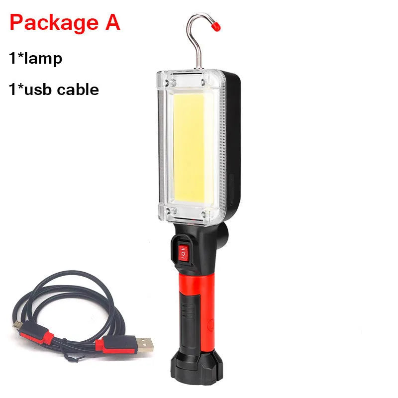 Portable COB LED work light with magnet hook, showing 700 lumens brightness and USB charging port for camping and maintenance tasks.
