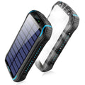 Orange solar power bank with emergency light showing dimensions and solar panel