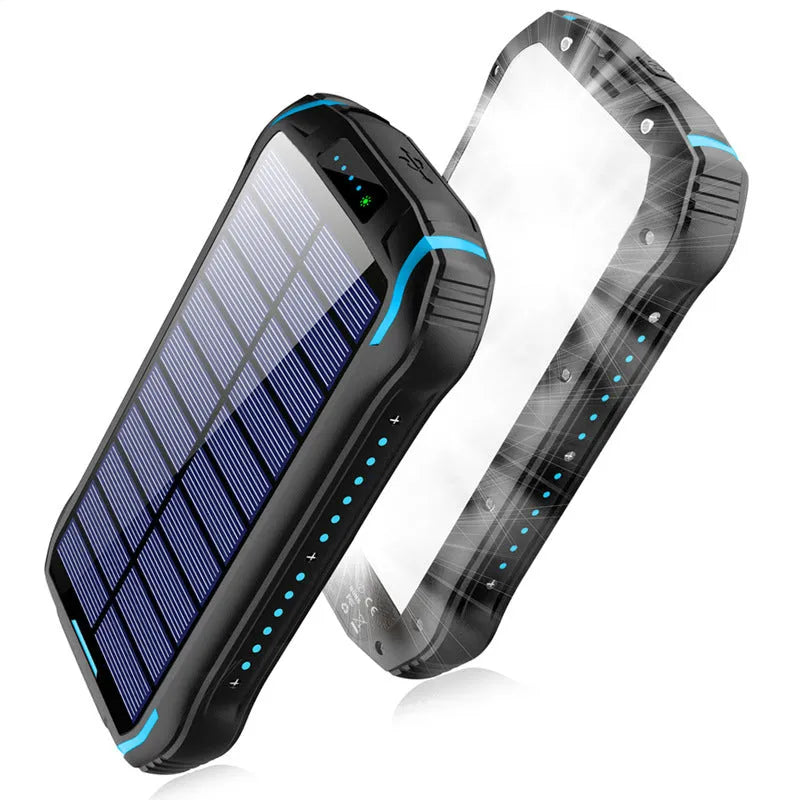 Orange solar power bank with emergency light showing dimensions and solar panel