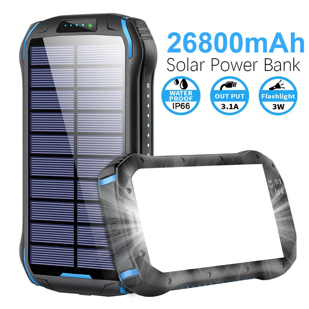 Orange solar power bank with emergency light showing dimensions and solar panel
