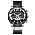 Casual sport watch for men with leather strap, mineral strengthened glass mirror, and pin buckle in blue or black face.