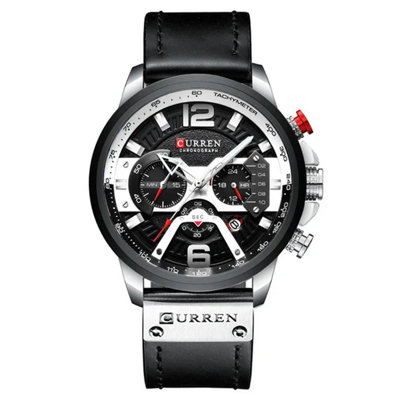 Casual sport watch for men with leather strap, mineral strengthened glass mirror, and pin buckle in blue or black face.
