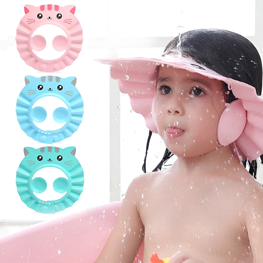 Adjustable baby shower cap with ear protectors in cartoon pattern colours
