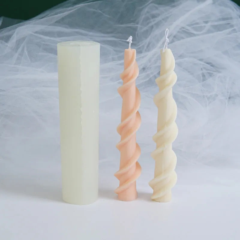 Handmade spiral lace rod silicone mould for decorative candles, shown in photo colour.