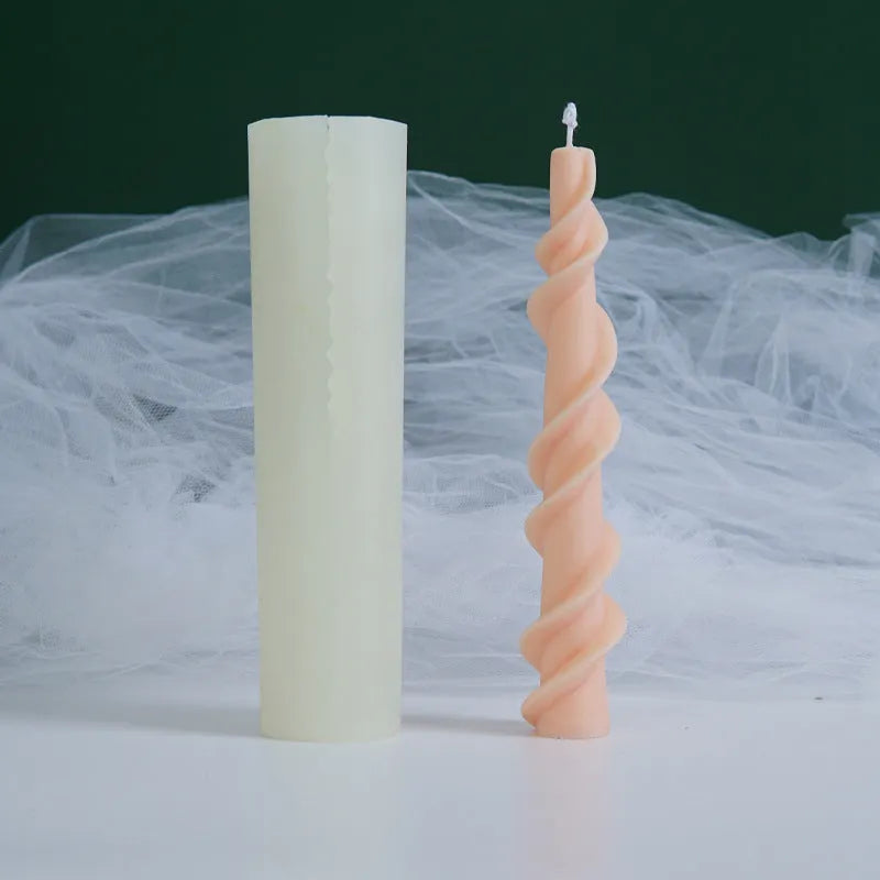 Handmade spiral lace rod silicone mould for decorative candles, shown in photo colour.